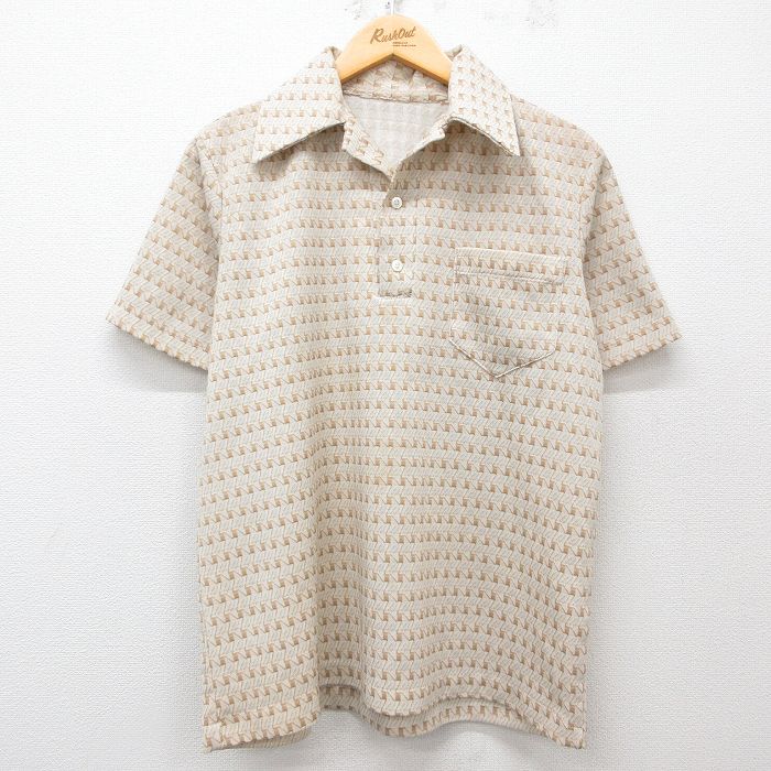 L★古着 半袖 シャツ メンズ 70年代 70s 総柄 開襟 オープンカラー ベージュ カーキ 25may31 中古 トップス