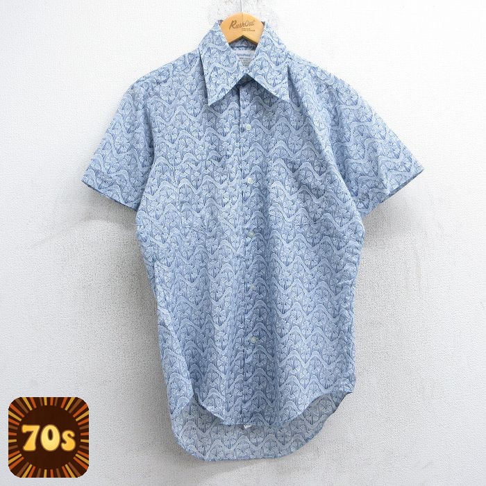 【50%OFF】70s 半袖シャツ 総柄 ネイビー M | 古着