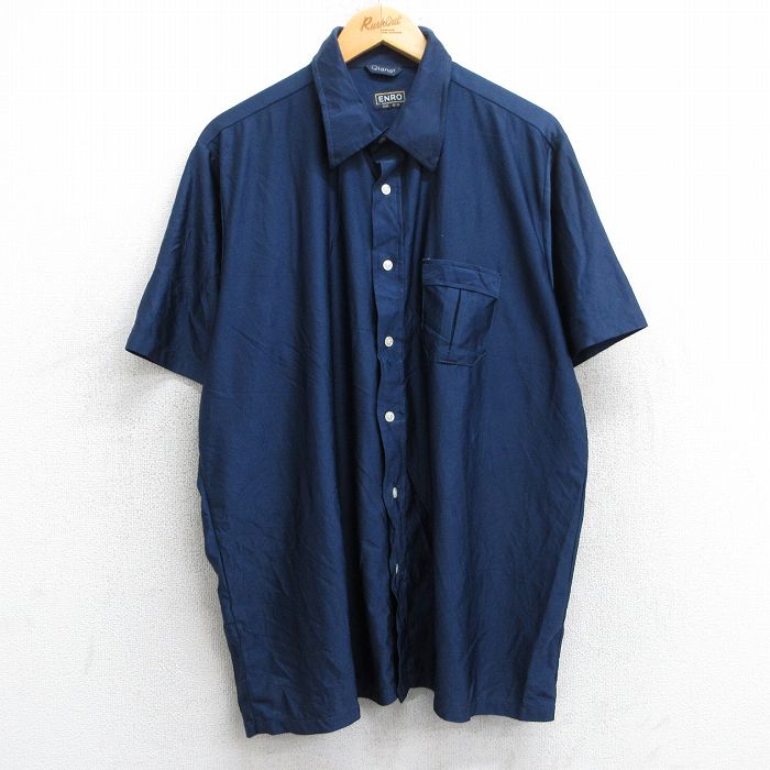XL★古着 半袖 シャツ メンズ 70年代 70s 大きいサイズ 紺 ネイビー 25jun18 中古 トップス