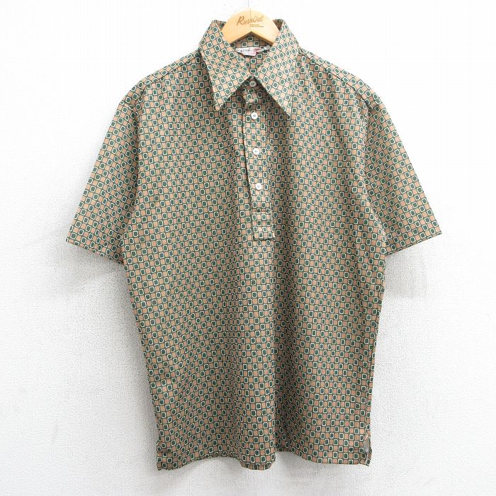 L★古着 IZOD 半袖 シャツ メンズ 70年代 70s 総柄 USA製 ベージュ他 カーキ 【spe】 25jun18 中古 トップス