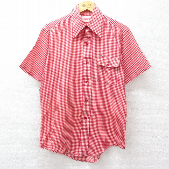 M★古着 半袖 シャツ メンズ 70年代 70s 赤他 ギンガム チェック 26apr27