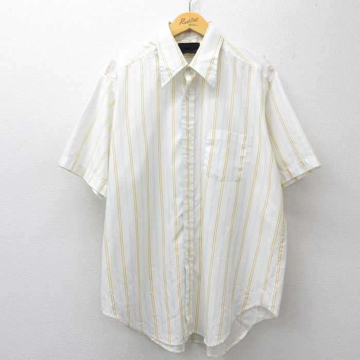 XL★古着 半袖 シャツ メンズ 70年代 70s 大きいサイズ ロング丈 白他 ストライプ 26apr27