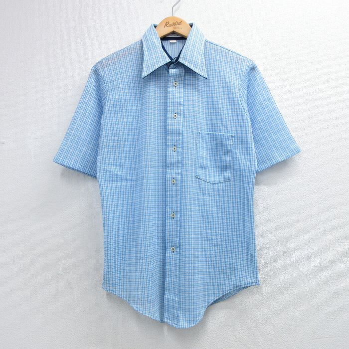 70s 半袖シャツ チェック ライトブルー M | 古着