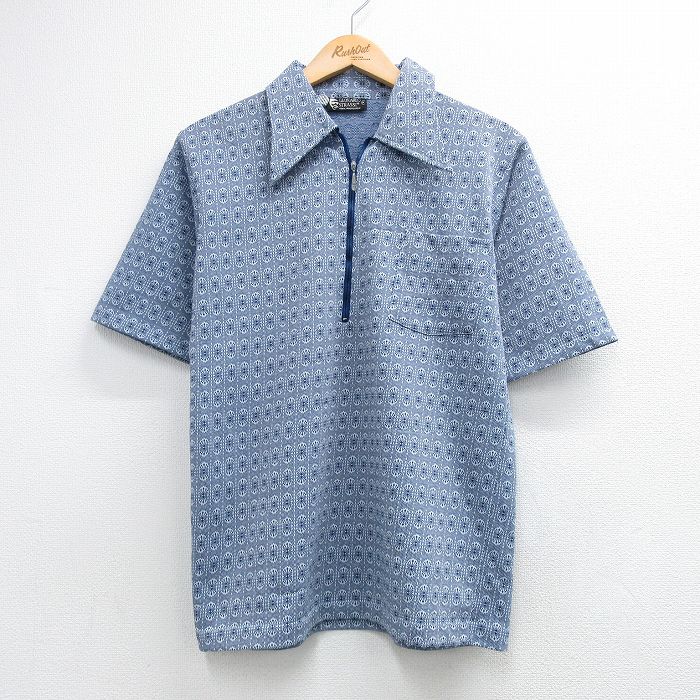 70s 半袖ハーフジップシャツ 総柄 ネイビー S | 古着