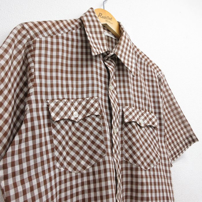 古着通販 M☆古着 半袖 シャツ メンズ 70年代 70s ブラウン ギンガム