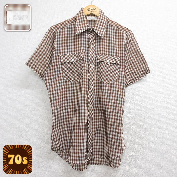古着通販 M☆古着 半袖 シャツ メンズ 70年代 70s ブラウン ギンガム