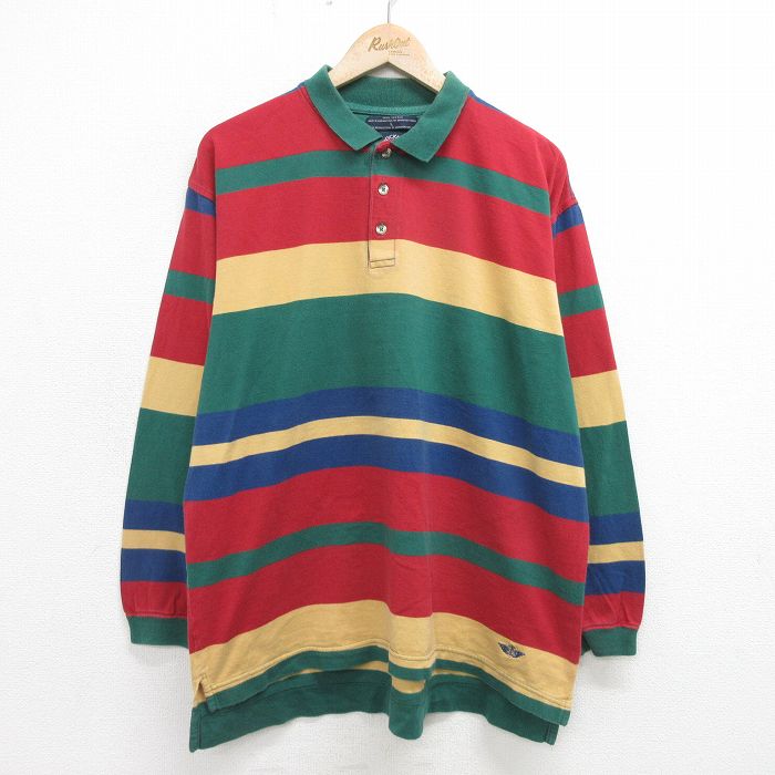XL★古着 ドッカーズ 長袖 ブランド ポロ シャツ メンズ 90年代 90s ワンポイントロゴ マルチカラー コットン 緑他 グリーン ボーダー 【spe】 24apr04 中古 トップス
