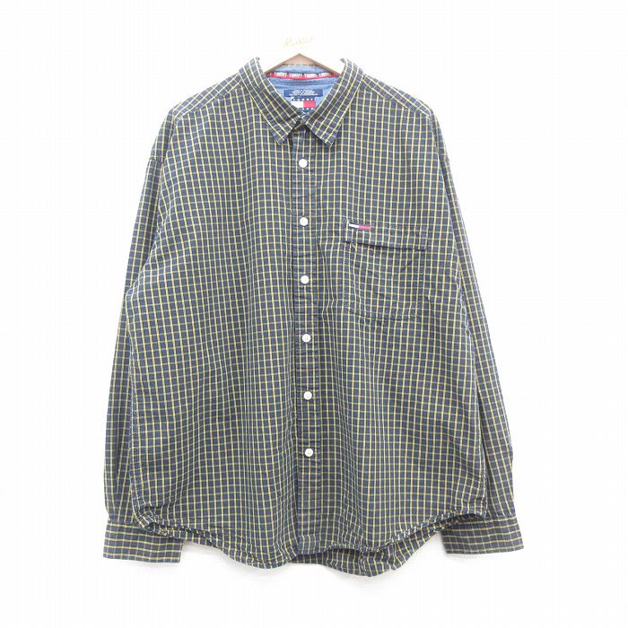 【50%OFF】XL★古着 トミーヒルフィガー TOMMY HILFIGER トミージーンズ 長袖 ブランド シャツ メンズ 90年代 90s ワンポイントロゴ 大きいサイズ コットン 紺他 ネイビー チェック 24may15 中古 トップス