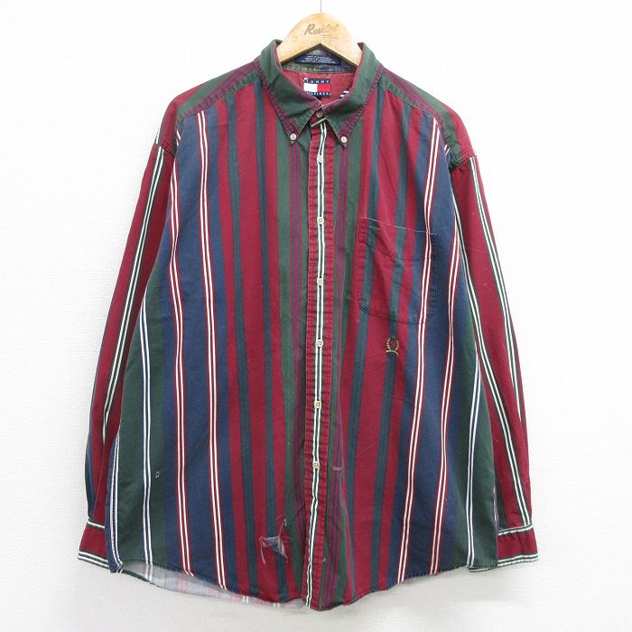 XL★古着 トミーヒルフィガー TOMMY HILFIGER 長袖 ブランド シャツ メンズ 90年代 90s ワンポイントロゴ 大きいサイズ ロング丈 コットン ボタンダウン 赤 レッド ストライプ 24aug26 中古 トップス