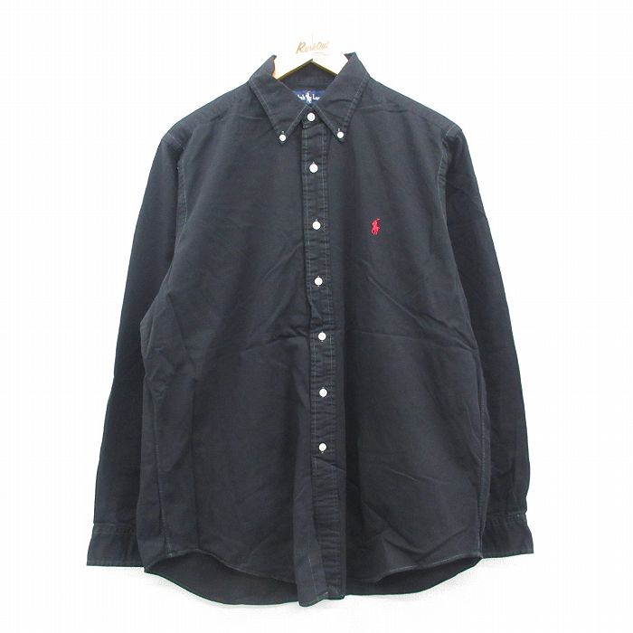 XL★古着 ラルフローレン Ralph Lauren 長袖 ブランド シャツ メンズ 90年代 90s ワンポイントロゴ 大きいサイズ コットン ボタンダウン 黒 ブラック 【spe】 24sep04 中古 トップス