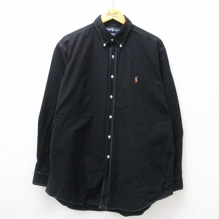 XL★古着 ラルフローレン Ralph Lauren 長袖 ブランド シャツ メンズ 90年代 90s ワンポイントロゴ YARMOUTH オックスフォード 大きいサイズ コットン ボタンダウン 黒 ブラック 24sep28 中古 トップス