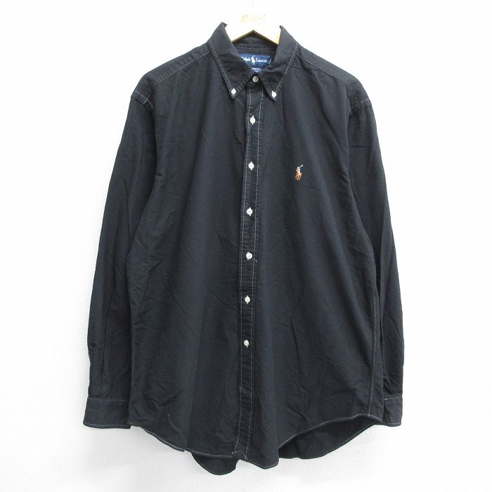 【30%OFF】XL★古着 ラルフローレン Ralph Lauren 長袖 ブランド シャツ メンズ 90年代 90s ワンポイントロゴ YARMOUTH オックスフォード ロング丈 コットン ボタンダウン 黒 ブラック 24sep28 中古 トップス
