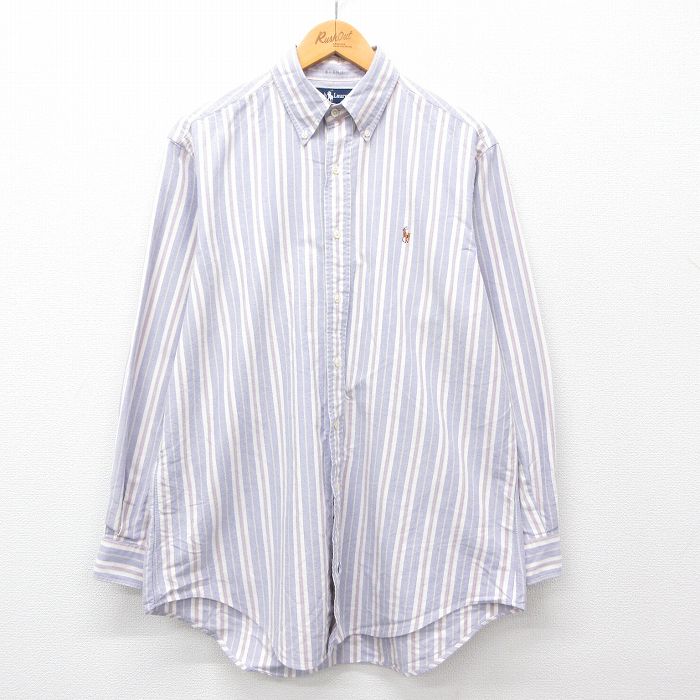 XL★古着 ラルフローレン Ralph Lauren 長袖 ブランド シャツ メンズ 90年代 90s ワンポイントロゴ オックスフォード コットン ボタンダウン 薄紫 パープル ストライプ 24sep30 中古 トップス