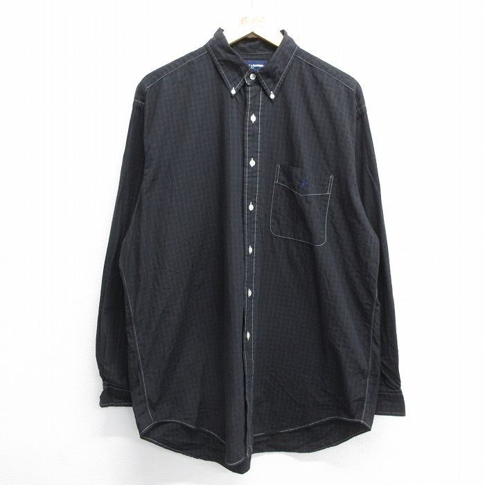 【20%OFF】XL★古着 ラルフローレン Ralph Lauren ゴルフ 長袖 ブランド シャツ メンズ 90年代 90s ワンポイントロゴ TILDEN ロング丈 大きいサイズ コットン ボタンダウン 黒 ブラック チェック 24oct03 中古 トップス