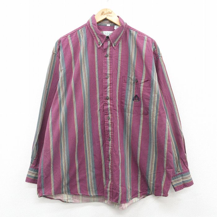XL★古着 IZOD 長袖 ブランド シャツ メンズ 90年代 90s ワンポイントロゴ 大きいサイズ コットン ボタンダウン エンジ他 ストライプ 24oct07 中古 トップス