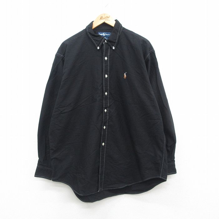 XL★古着 ラルフローレン Ralph Lauren 長袖 ブランド シャツ メンズ 90年代 90s ワンポイントロゴ BLAKE オックスフォード 大きいサイズ ロング丈 コットン ボタンダウン 黒 ブラック 24oct18 中古 トップス