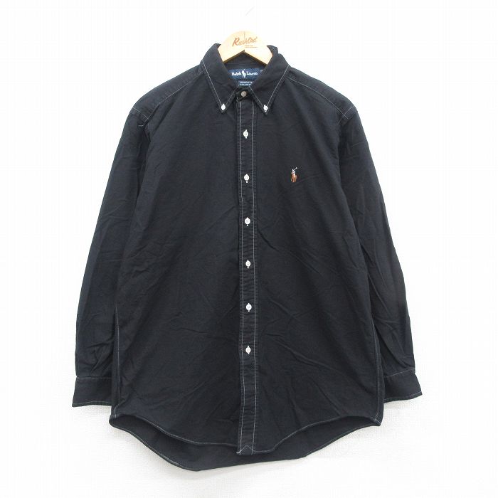 XL★古着 ラルフローレン Ralph Lauren 長袖 ブランド シャツ メンズ 90年代 90s ワンポイントロゴ YARMOUTH コットン ボタンダウン 黒 ブラック 24oct23 中古 トップス