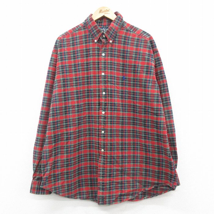 XL★古着 ラルフローレン Ralph Lauren 長袖 ブランド シャツ メンズ 90年代 90s ワンポイントロゴ BLAIRE 大きいサイズ ロング丈 コットン ボタンダウン 赤 レッド チェック 24oct30 中古 トップス