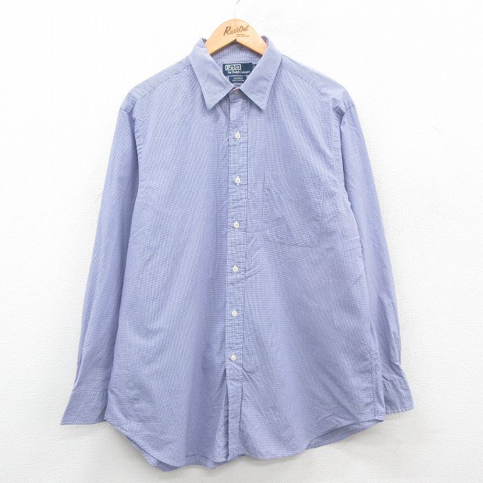 【50%OFF】XL★古着 ラルフローレン Ralph Lauren 長袖 ブランド シャツ メンズ 90年代 90s ANDREW 大きいサイズ ロング丈 コットン 薄紺 ネイビー チェック 24oct30 中古 トップス