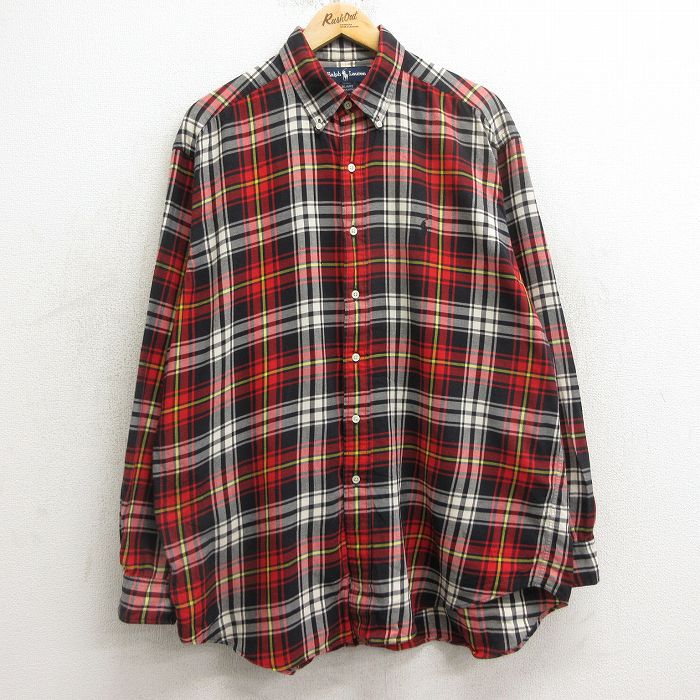 XL★古着 ラルフローレン Ralph Lauren 長袖 ブランド シャツ メンズ 90年代 90s ワンポイントロゴ BLAIRE 大きいサイズ コットン ボタンダウン 赤 レッド チェック 24nov01 中古 トップス