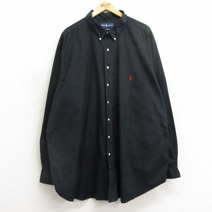 XL★古着 ラルフローレン Ralph Lauren 長袖 ブランド シャツ メンズ 90年代 90s ワンポイントロゴ 大きいサイズ ロング丈 コットン ボタンダウン 黒 ブラック 24nov01 中古 トップス
