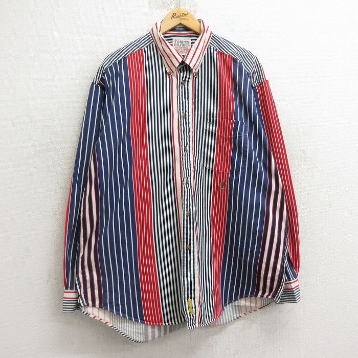 XL★古着 トミーヒルフィガー TOMMY HILFIGER 長袖 ブランド シャツ メンズ 90年代 90s ワンポイントロゴ 大きいサイズ ロング丈 コットン ボタンダウン 紺 ネイビー ストライプ 24nov01 中古 トップス