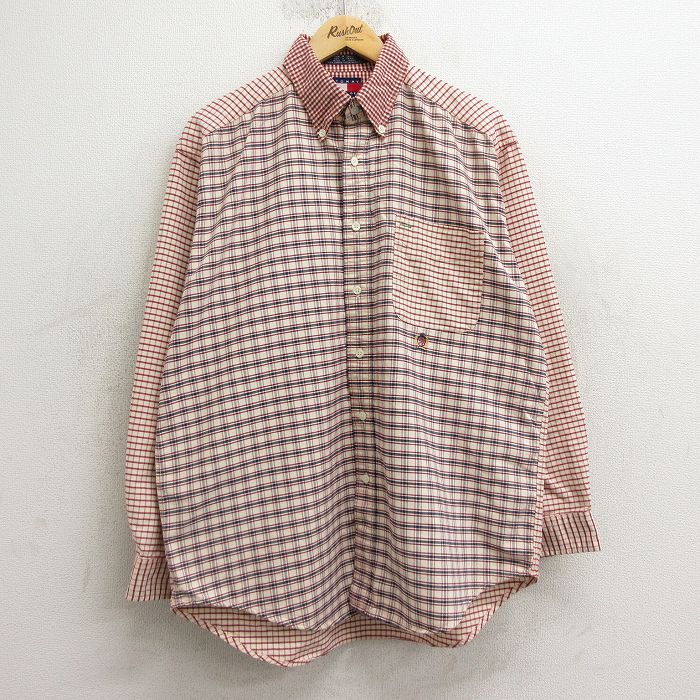 【20%OFF】XL★古着 トミーヒルフィガー TOMMY HILFIGER 長袖 ブランド シャツ メンズ 90年代 90s ワンポイントロゴ クレージーパターン コットン ボタンダウン エンジ系他 チェック 【spe】 24nov01 中古 トップス