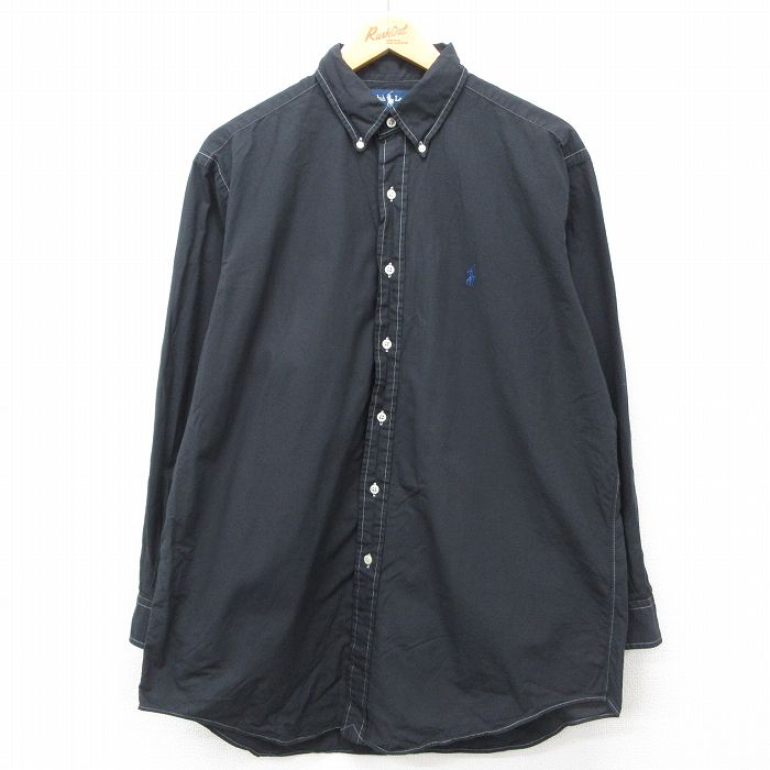 XL★古着 ラルフローレン Ralph Lauren 長袖 ブランド シャツ メンズ 90年代 90s ワンポイントロゴ YARMOUTH ロング丈 コットン ボタンダウン 黒 ブラック 24nov06 中古 トップス