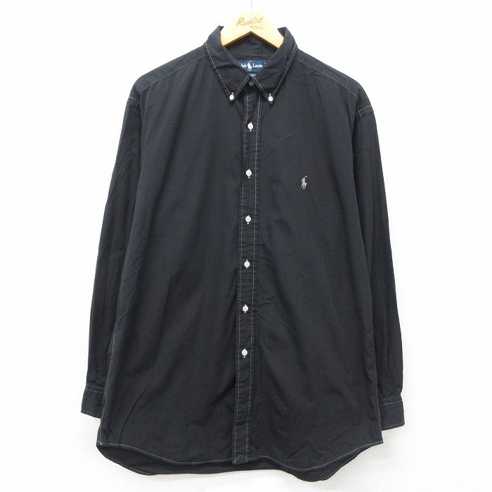 XL★古着 ラルフローレン Ralph Lauren 長袖 ブランド シャツ メンズ 90年代 90s ワンポイントロゴ YARMOUTH ロング丈 コットン ボタンダウン 黒 ブラック 24nov06 中古 トップス
