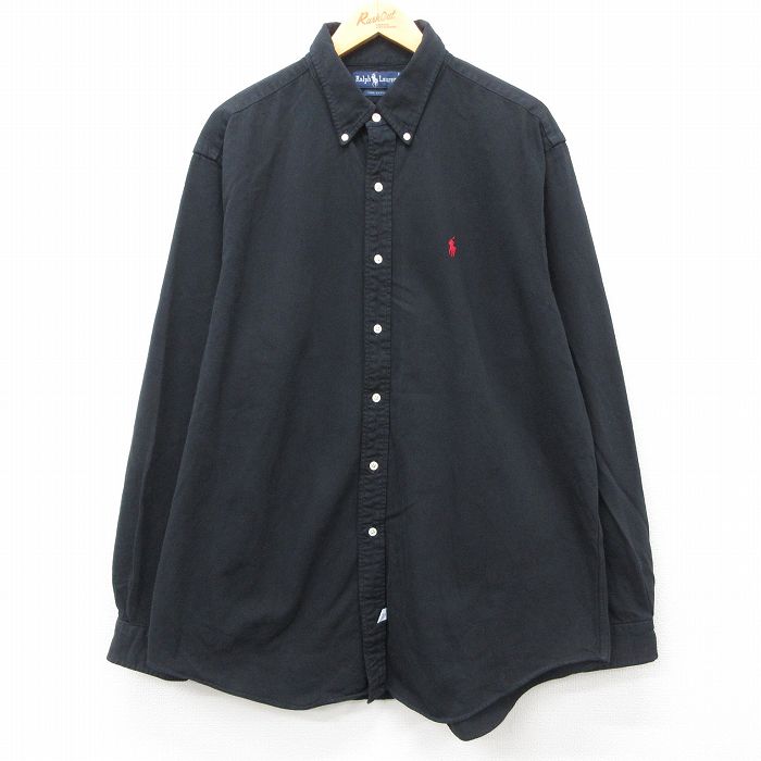 XL★古着 ラルフローレン Ralph Lauren 長袖 ブランド シャツ メンズ 90年代 90s ワンポイントロゴ 大きいサイズ ロング丈 コットン ボタンダウン 黒 ブラック 24nov06 中古 トップス