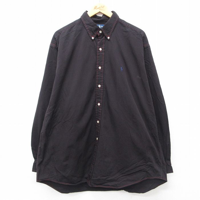 XL★古着 ラルフローレン Ralph Lauren 長袖 ブランド シャツ メンズ 90年代 90s ワンポイントロゴ BLAKE 大きいサイズ ロング丈 コットン ボタンダウン 黒系 ブラック 24nov06 中古 トップス