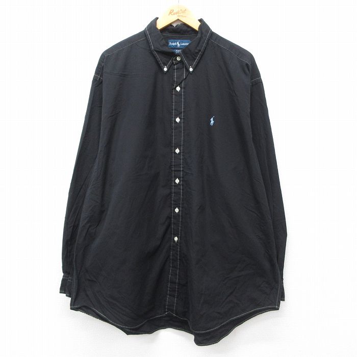 XL★古着 ラルフローレン Ralph Lauren 長袖 ブランド シャツ メンズ 90年代 90s ワンポイントロゴ BLAKE 大きいサイズ ロング丈 コットン ボタンダウン 黒 ブラック 24nov06 中古 トップス