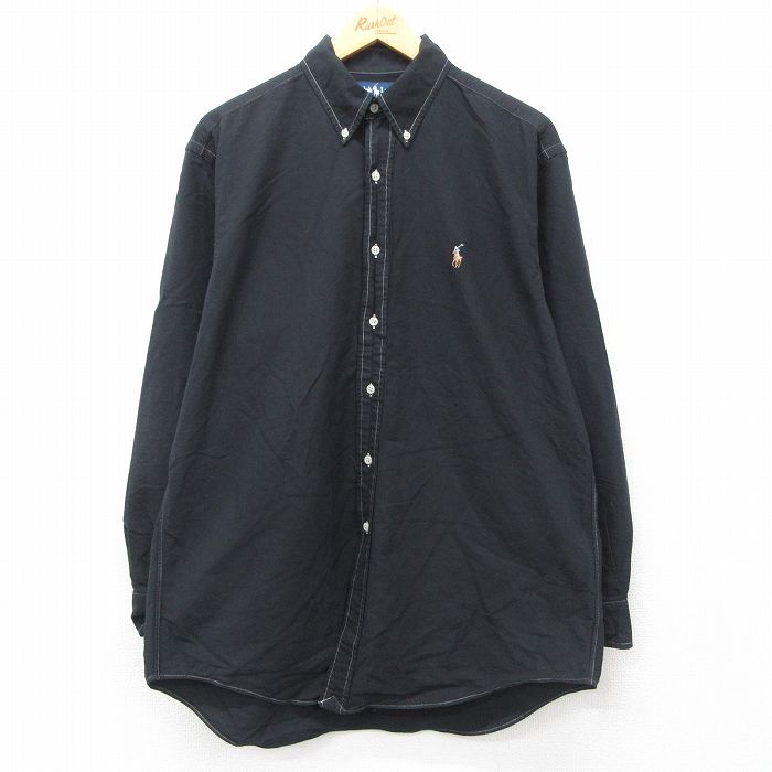 XL★古着 ラルフローレン Ralph Lauren 長袖 ブランド シャツ メンズ 90年代 90s ワンポイントロゴ YARMOUTH オックスフォード ロング丈 コットン ボタンダウン 黒 ブラック 24nov06 中古 トップス