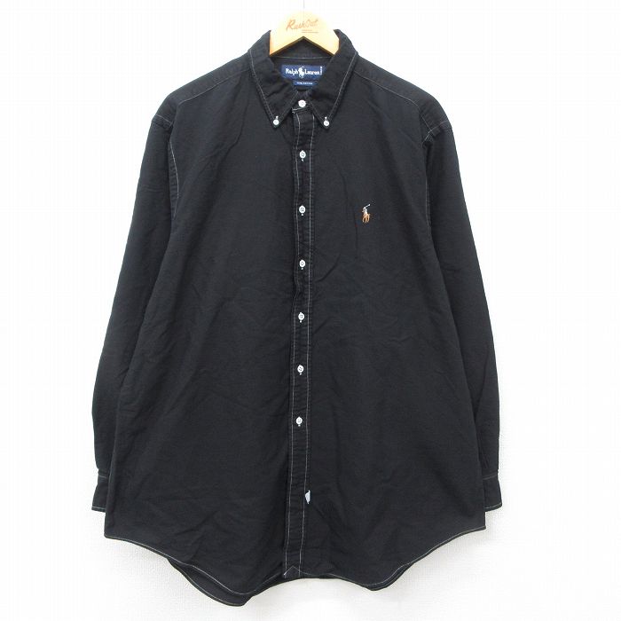 XL★古着 ラルフローレン Ralph Lauren 長袖 ブランド シャツ メンズ 90年代 90s ワンポイントロゴ オックスフォード 大きいサイズ ロング丈 コットン ボタンダウン 黒 ブラック 24nov06 中古 トップス