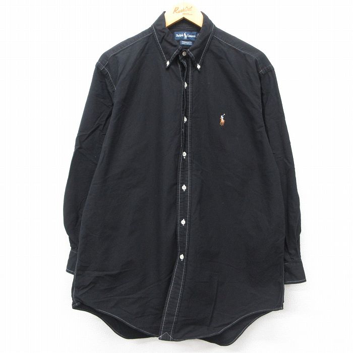 XL★古着 ラルフローレン Ralph Lauren 長袖 ブランド シャツ メンズ 90年代 90s ワンポイントロゴ YARMOUTH オックスフォード コットン ボタンダウン 黒 ブラック 24nov06 中古 トップス