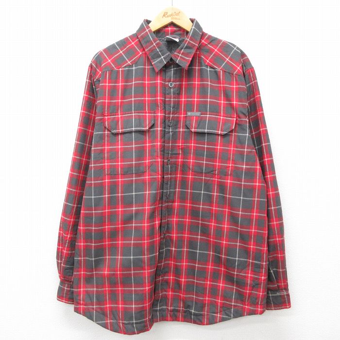 XL★古着 コロンビア COLUMBIA 長袖 ブランド シャツ メンズ 00年代 00s ロング丈 赤他 レッド チェック 内側フリース 24nov16 中古 トップス