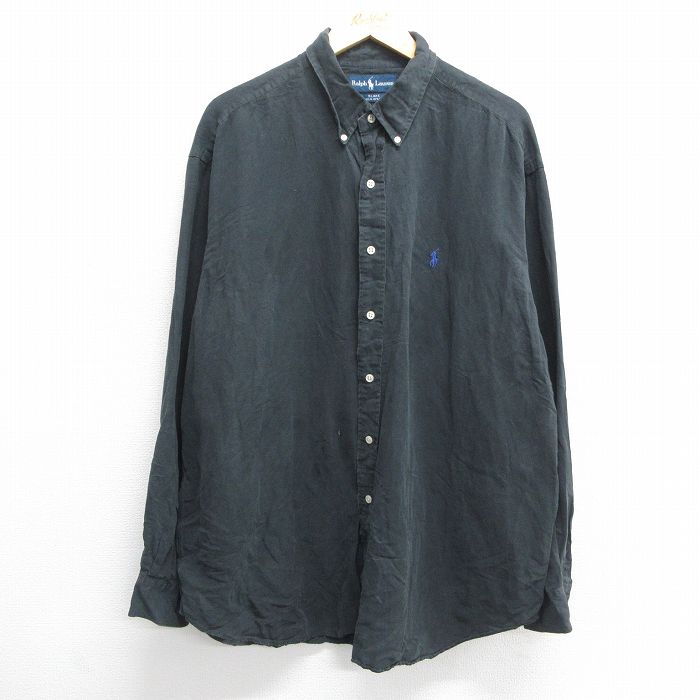 XL★古着 ラルフローレン Ralph Lauren 長袖 ブランド シャツ メンズ 90年代 90s ワンポイントロゴ BLAKE 大きいサイズ ロング丈 シルク ボタンダウン 黒 ブラック 24nov19 中古 トップス