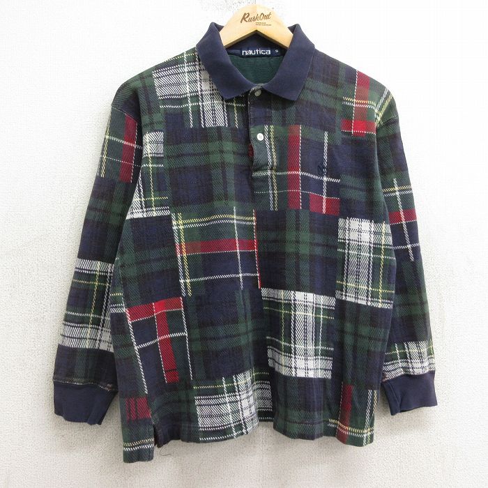ノーティカ 90s 長袖ポロシャツ ワンポイントロゴ ネイビーチェック M | 古着
