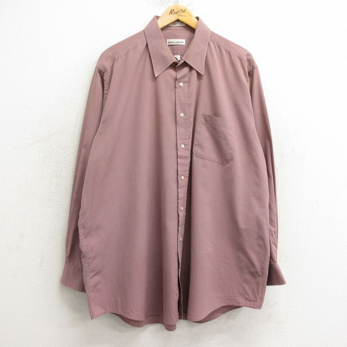 XL★古着 ピエールカルダン pierre cardin 長袖 ブランド シャツ メンズ ワンポイントロゴ 大きいサイズ ロング丈 薄エンジ系 24nov21 中古 トップス