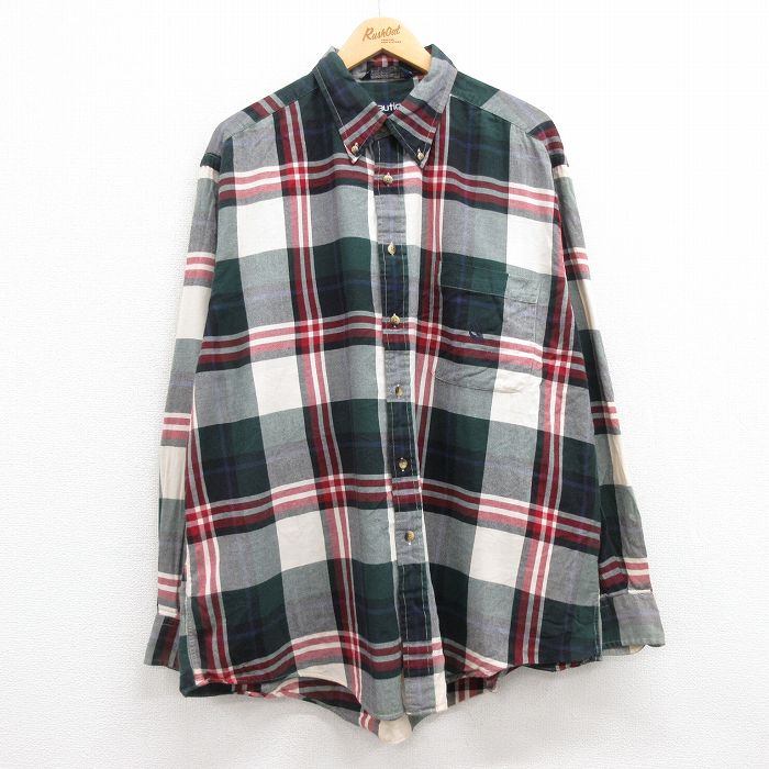 XL★古着 ノーティカ NAUTICA 長袖 ブランド シャツ メンズ 90年代 90s ワンポイントロゴ 大きいサイズ コットン ボタンダウン 緑他 グリーン チェック 24nov22 中古 トップス