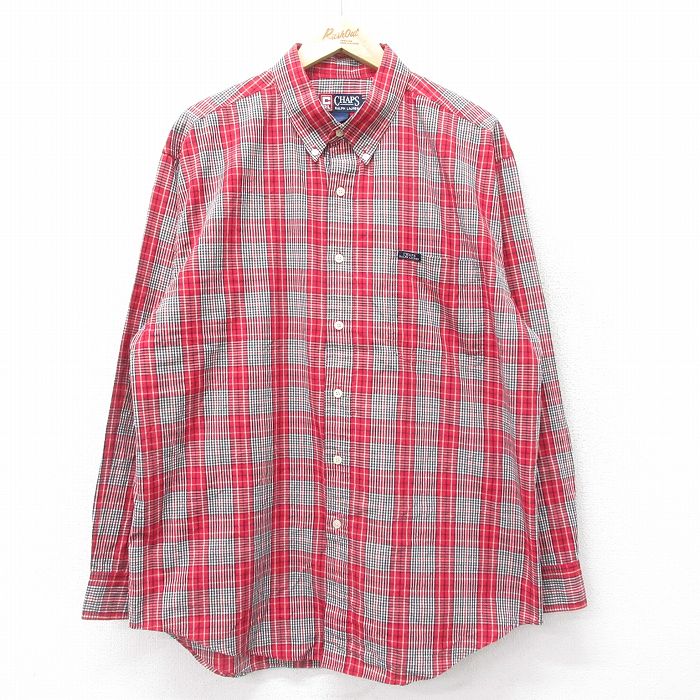 XL★古着 ラルフローレン Ralph Lauren チャップス 長袖 ブランド シャツ メンズ 90年代 90s ワンポイントロゴ 大きいサイズ ロング丈 コットン ボタンダウン 赤他 レッド チェック 24nov22 中古 トップス