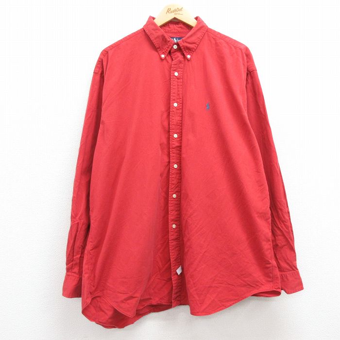 XL★古着 ラルフローレン Ralph Lauren 長袖 ブランド シャツ メンズ 90年代 90s ワンポイントロゴ 大きいサイズ ロング丈 コットン ボタンダウン エンジ 24nov30 中古 トップス