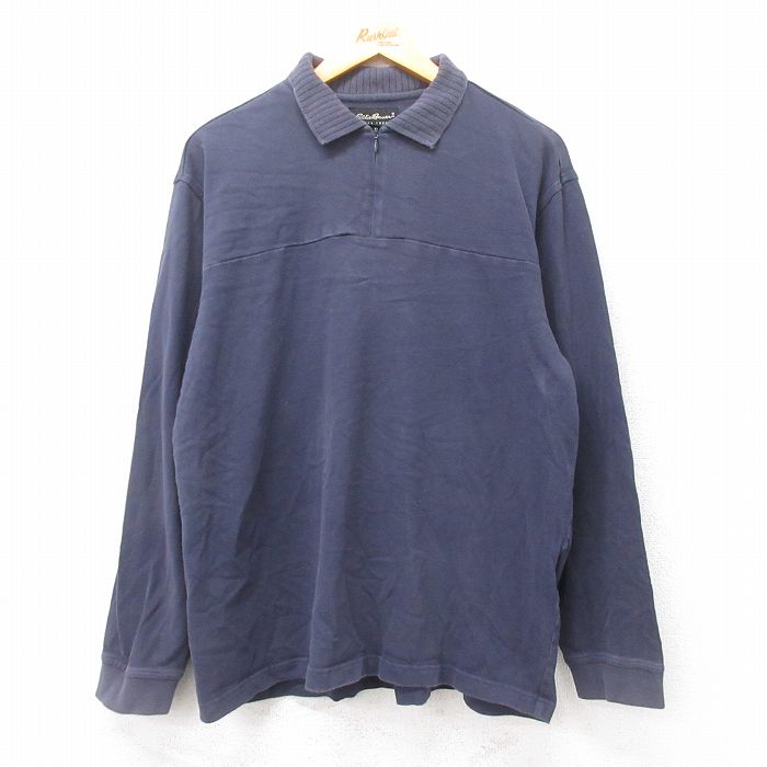 【50%OFF】L★古着 エディーバウアー 長袖 ハーフジップ トップス メンズ 00年代 00s 襟付き コットン 紺 ネイビー 24dec02 中古