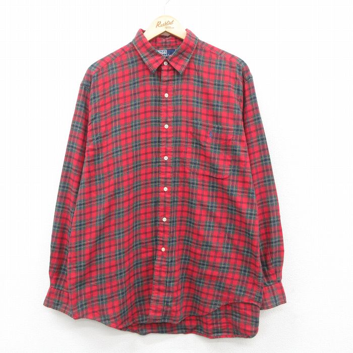 XL★古着 ラルフローレン Ralph Lauren 長袖 ブランド シャツ メンズ 90年代 90s ELLIOIT 大きいサイズ ロング丈 コットン 赤他 レッド タータン チェック 24dec04 中古 トップス