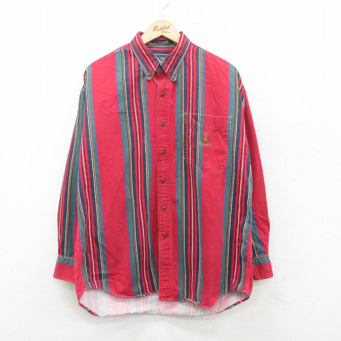 XL★古着 ラルフローレン Ralph Lauren チャップス 長袖 ブランド シャツ メンズ 90年代 90s ワンポイントロゴ 大きいサイズ コットン ボタンダウン 赤他 レッド ストライプ 24dec04 中古 トップス