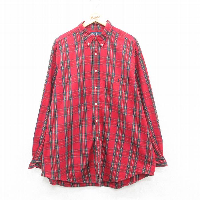 XL★古着 ラルフローレン Ralph Lauren 長袖 ブランド シャツ メンズ 90年代 90s ワンポイントロゴ BIG SHIRT オックスフォード 大きいサイズ ロング丈 コットン ボタンダウン 赤他 レッド タータン チェック 【spe】 24dec04 中古 トップス