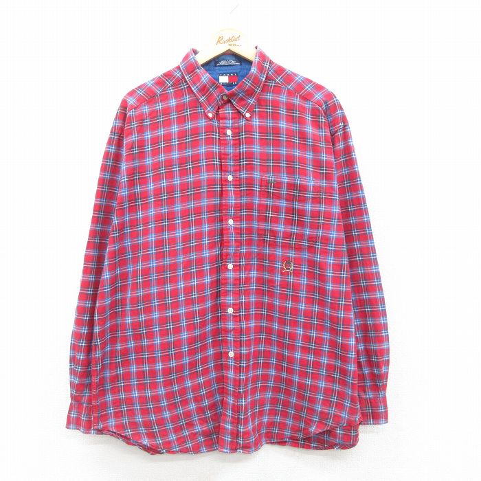 XL★古着 トミーヒルフィガー TOMMY HILFIGER 長袖 ブランド シャツ メンズ 90年代 90s ワンポイントロゴ ロング丈 コットン ボタンダウン 赤他 レッド チェック 24dec04 中古 トップス