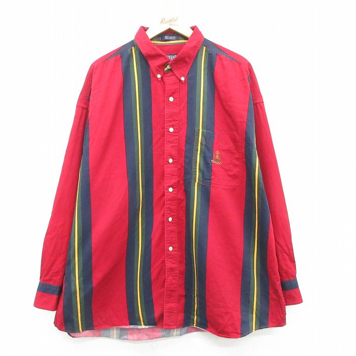 【20%OFF】XL★古着 トミーヒルフィガー TOMMY HILFIGER 長袖 ブランド シャツ メンズ 90年代 90s ワンポイントロゴ 大きいサイズ ロング丈 コットン ボタンダウン 赤他 レッド ストライプ 24dec04 中古 トップス