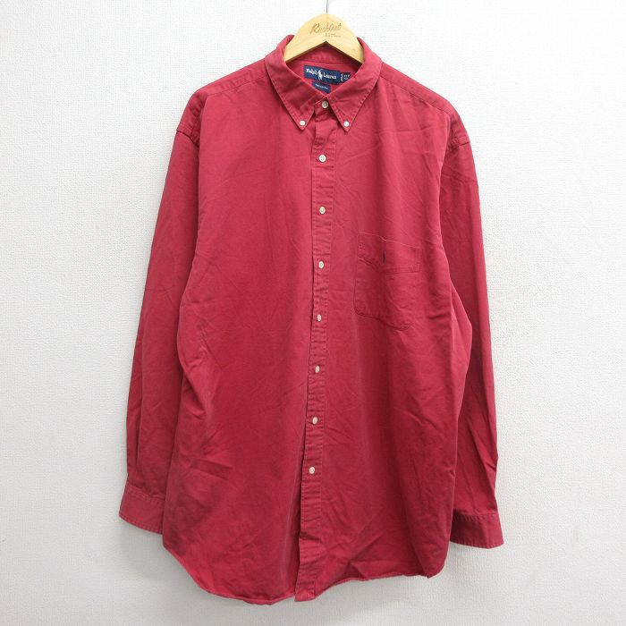 XL★古着 ラルフローレン Ralph Lauren 長袖 ブランド シャツ メンズ 90年代 90s ワンポイントロゴ 大きいサイズ ロング丈 コットン ボタンダウン 赤 レッド 24dec04 中古 トップス