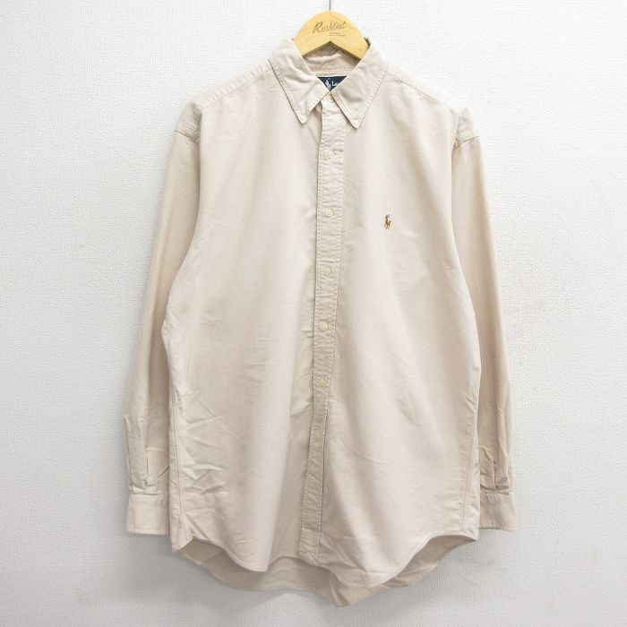 XL★古着 ラルフローレン Ralph Lauren 長袖 ブランド シャツ メンズ 90年代 90s ワンポイントロゴ YARMOUTH オックスフォード 大きいサイズ ロング丈 コットン ボタンダウン 薄ベージュ カーキ 24dec04 中古 トップス